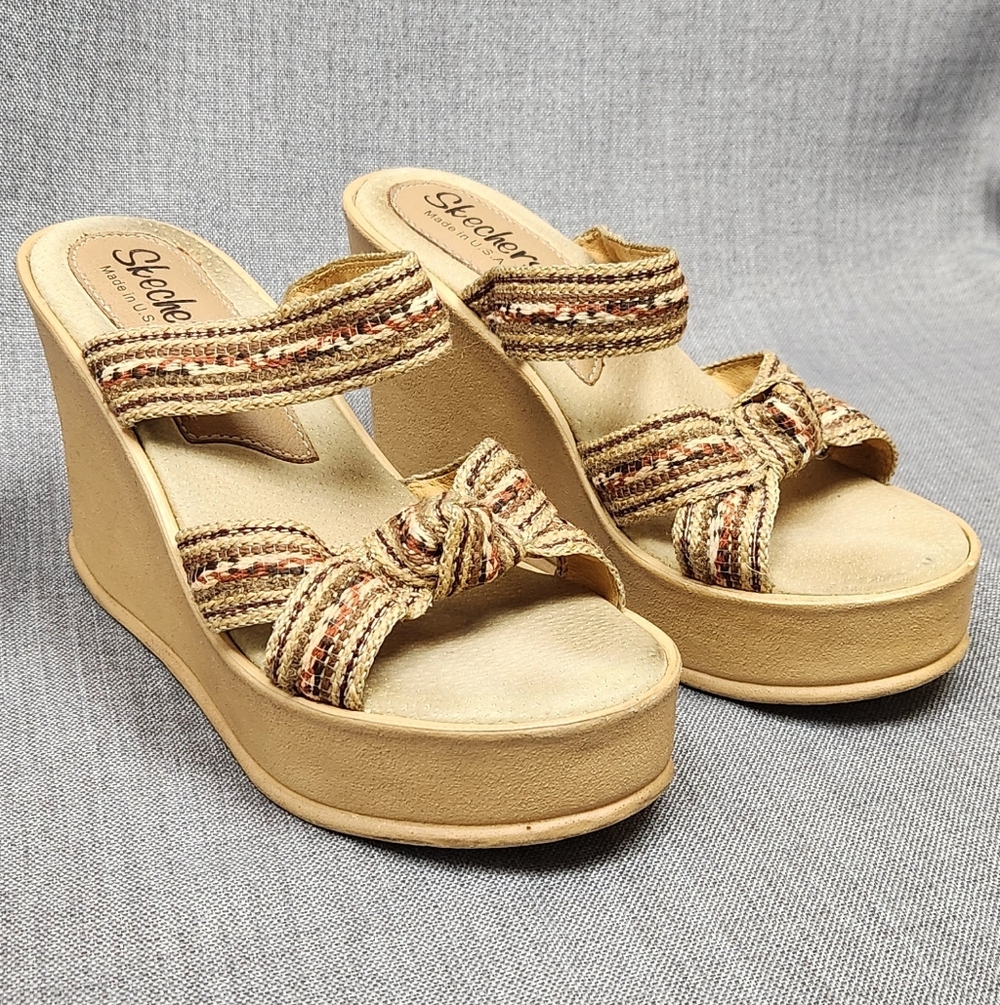 Vintage Skechers High 4 Inch Wedged Slip On Sandals Tan & Brown USA Made. 7